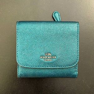 COACH dark pine green/gold hardware, pebble, leather trifold wallet.